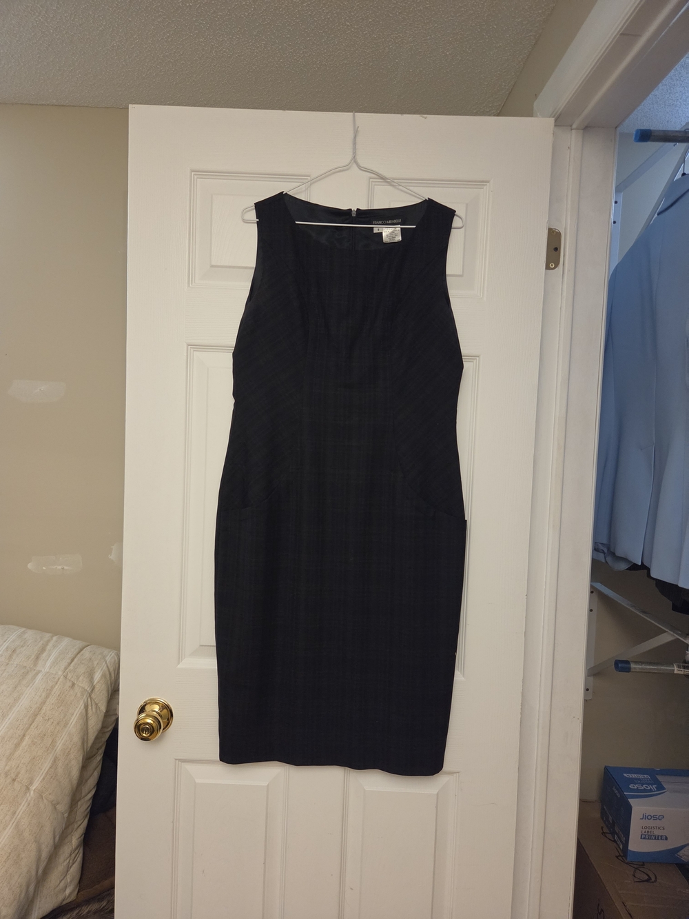 Black Plaid Sleeveless Wool Blend Midi Sheath Dress With Pockets